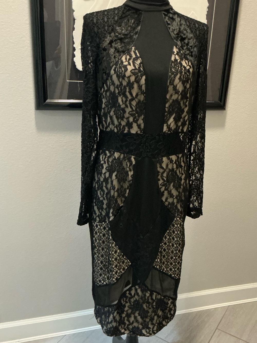 Venus, black lace, sheer mesh cocktail, dress size large